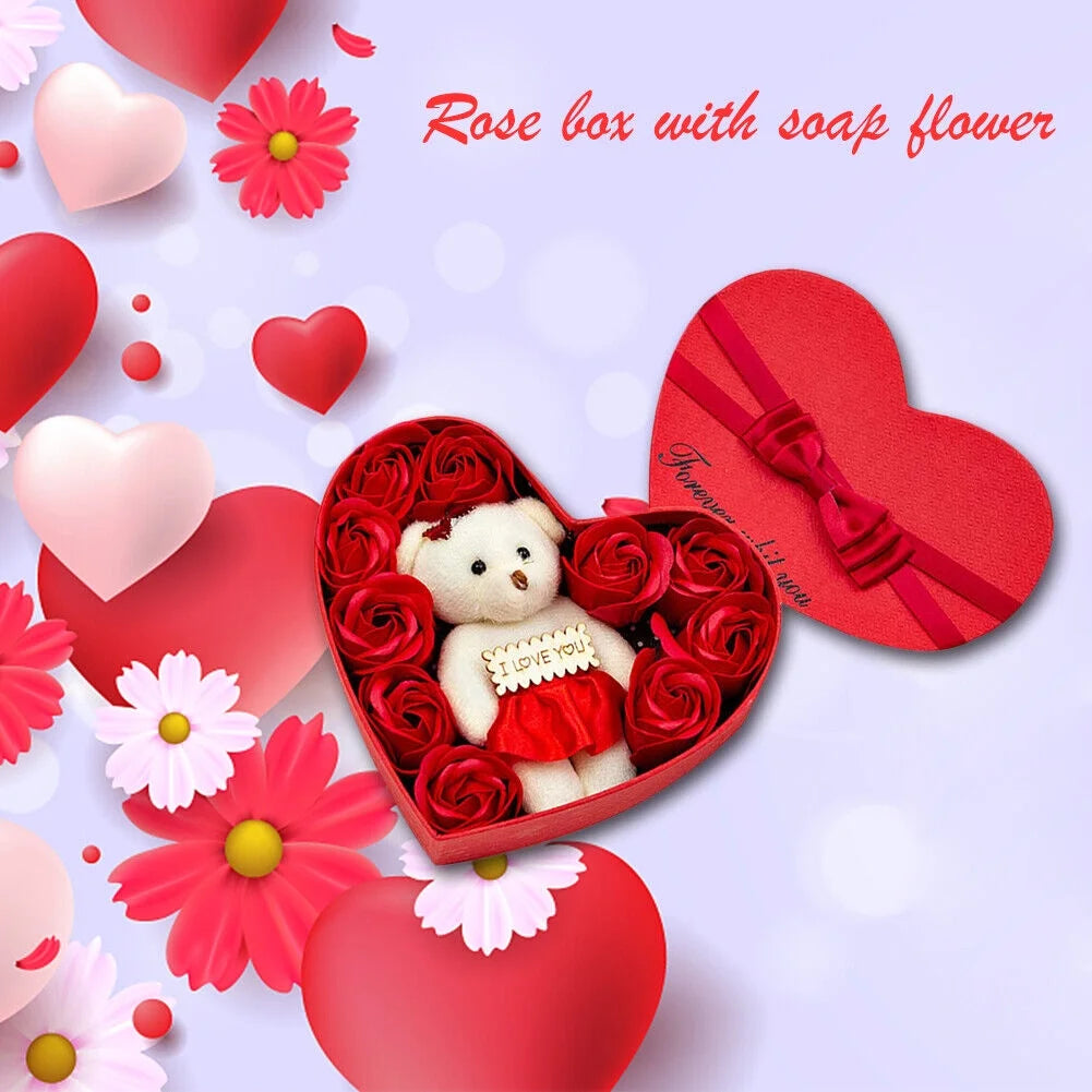 Valentine'S Day Hearted Shape Bear with Red Rose Gift Set - Love Bear, Artificial Red Roses & Silk Petals in Gift Box - Perfect for Engagement, Mother'S Day & Holiday Christmas