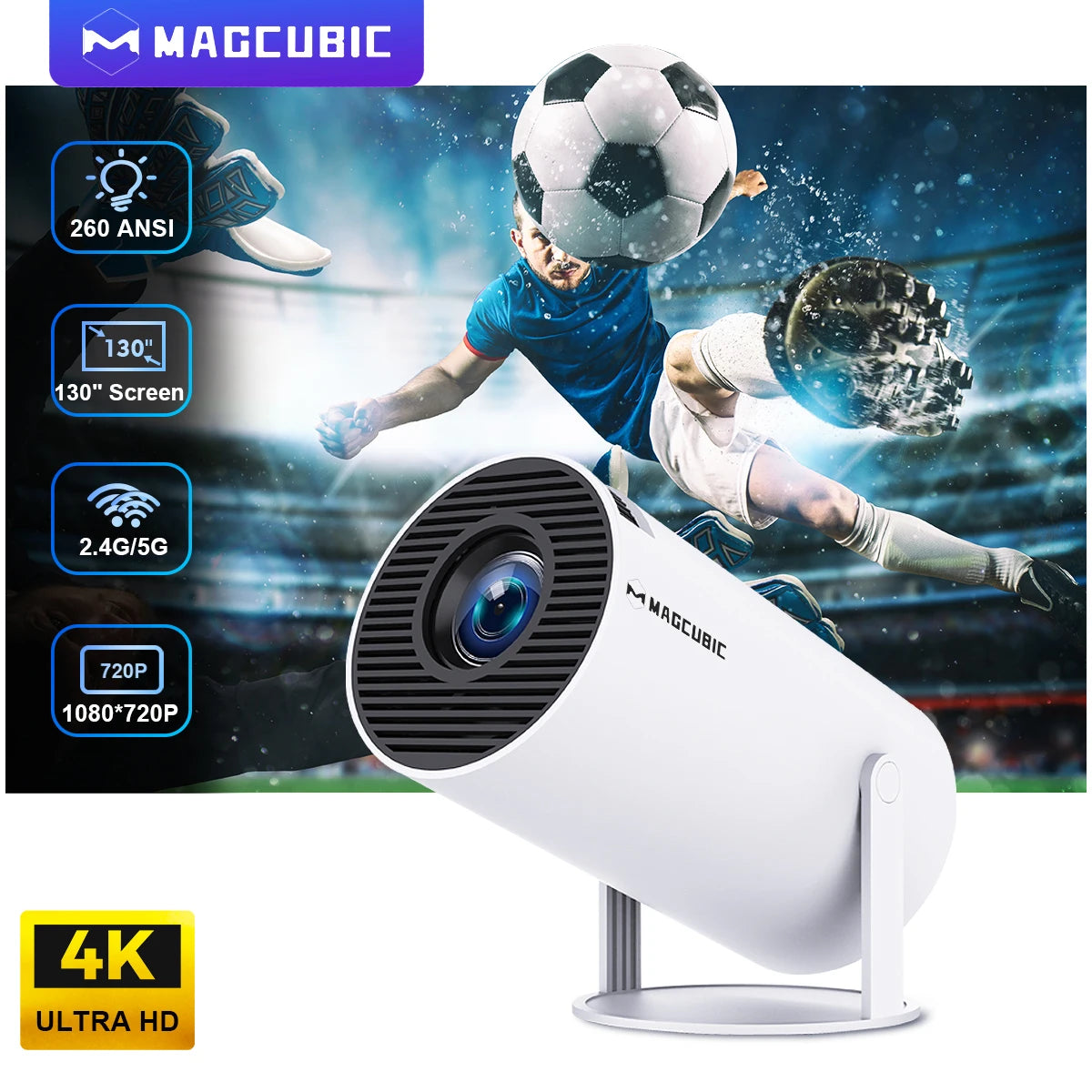 HY300 Pro 4K Portable Projector with Android 11, Dual WiFi, 260 ANSI Lumens, 180° Flexibility, and Bluetooth 5.0