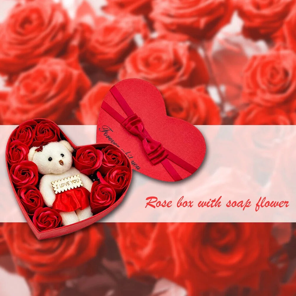 Valentine'S Day Hearted Shape Bear with Red Rose Gift Set - Love Bear, Artificial Red Roses & Silk Petals in Gift Box - Perfect for Engagement, Mother'S Day & Holiday Christmas