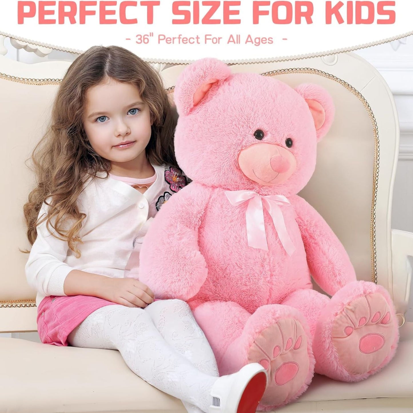 Pink Giant Teddy Bear 36" Stuffed Animal Soft Big Plush Toy with Bowknot and Footprint