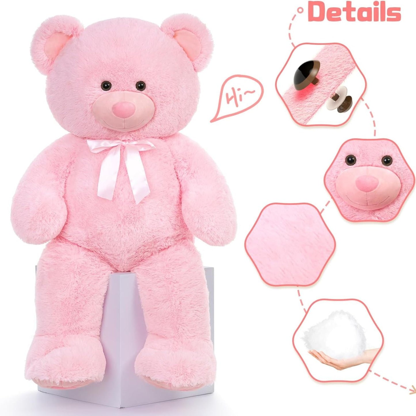 Pink Giant Teddy Bear 36" Stuffed Animal Soft Big Plush Toy with Bowknot and Footprint