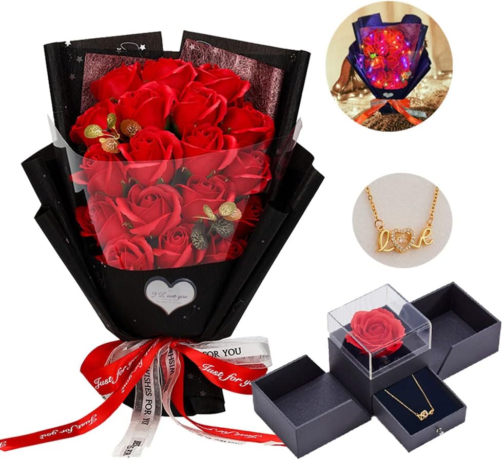 Roses Bouquet Artificial Flower - Preserved Red Rose Flowers with Love Necklace for Her - Unique Gifts Valentine'S Day, Mother'S Day, Thanksgiving, Birthday, Anniversary