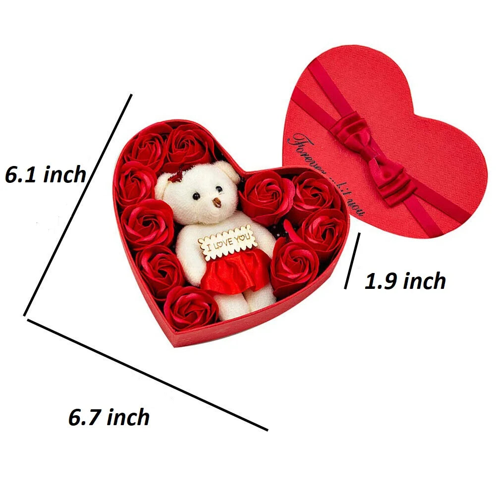 Valentine'S Day Hearted Shape Bear with Red Rose Gift Set - Love Bear, Artificial Red Roses & Silk Petals in Gift Box - Perfect for Engagement, Mother'S Day & Holiday Christmas