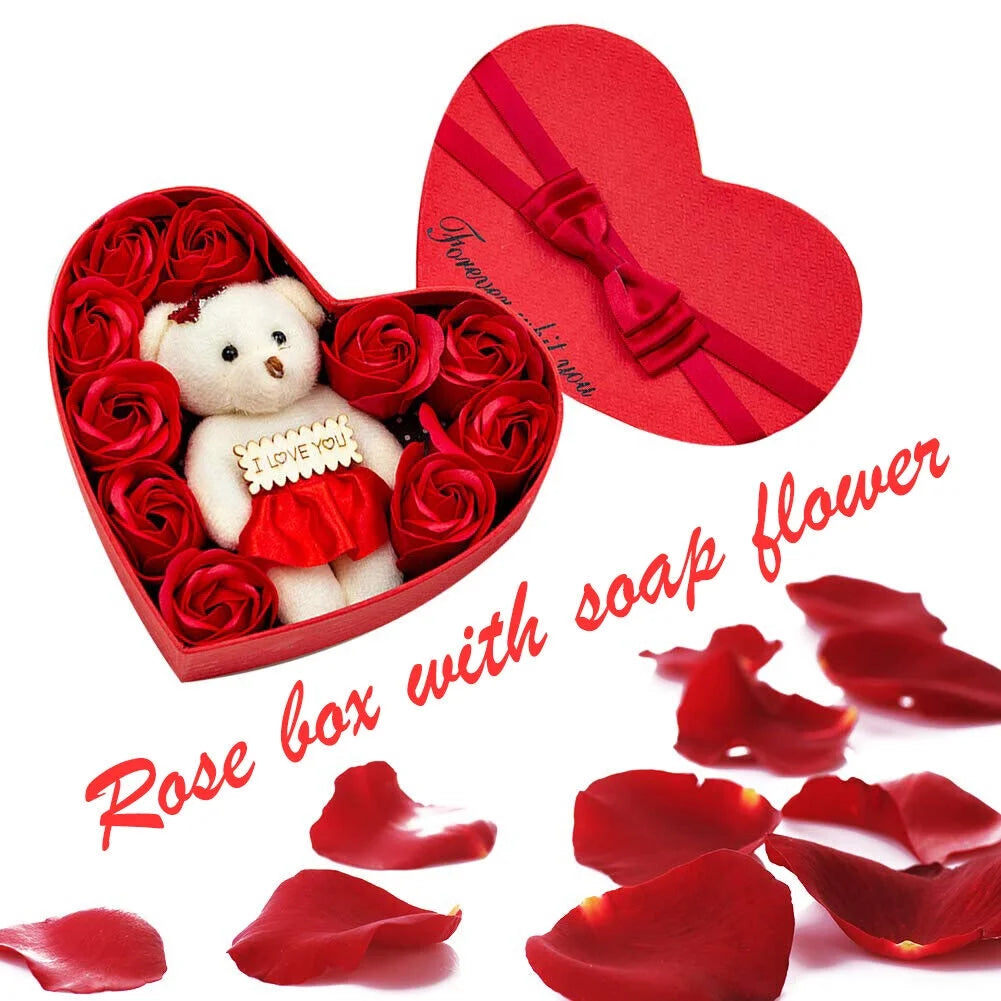 Valentine'S Day Hearted Shape Bear with Red Rose Gift Set - Love Bear, Artificial Red Roses & Silk Petals in Gift Box - Perfect for Engagement, Mother'S Day & Holiday Christmas