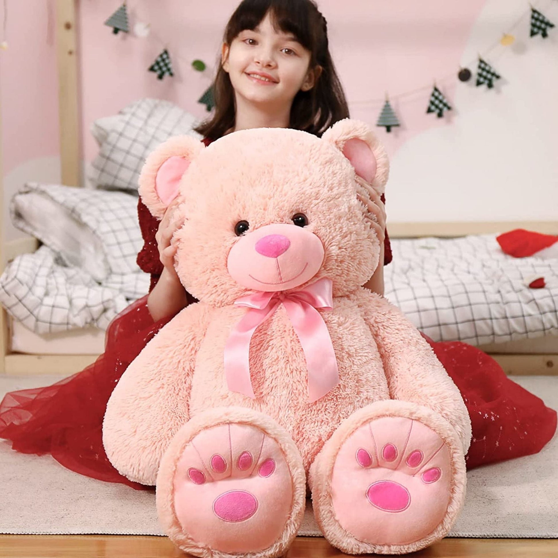 Pink Giant Teddy Bear 36" Stuffed Animal Soft Big Plush Toy with Bowknot and Footprint