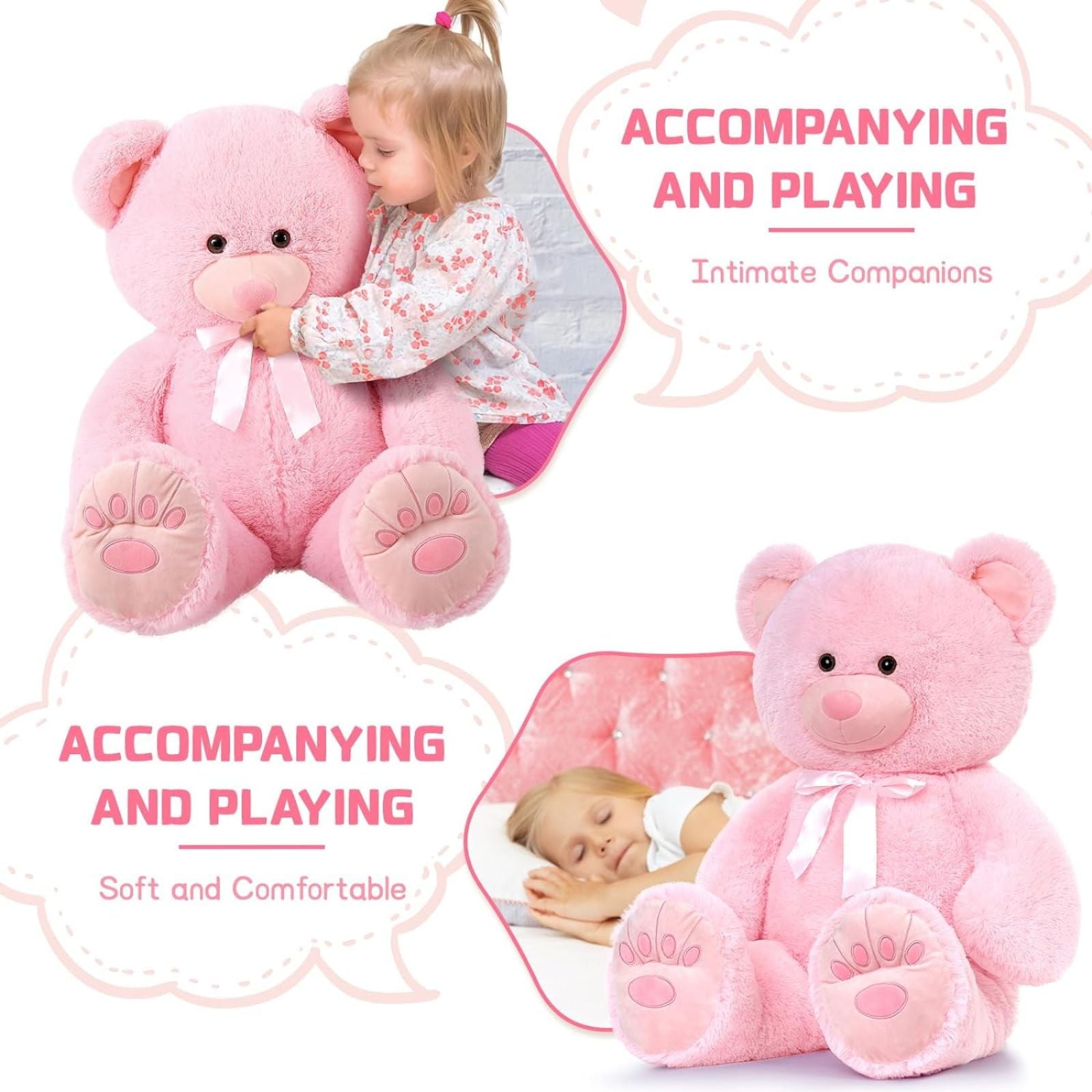 Pink Giant Teddy Bear 36" Stuffed Animal Soft Big Plush Toy with Bowknot and Footprint