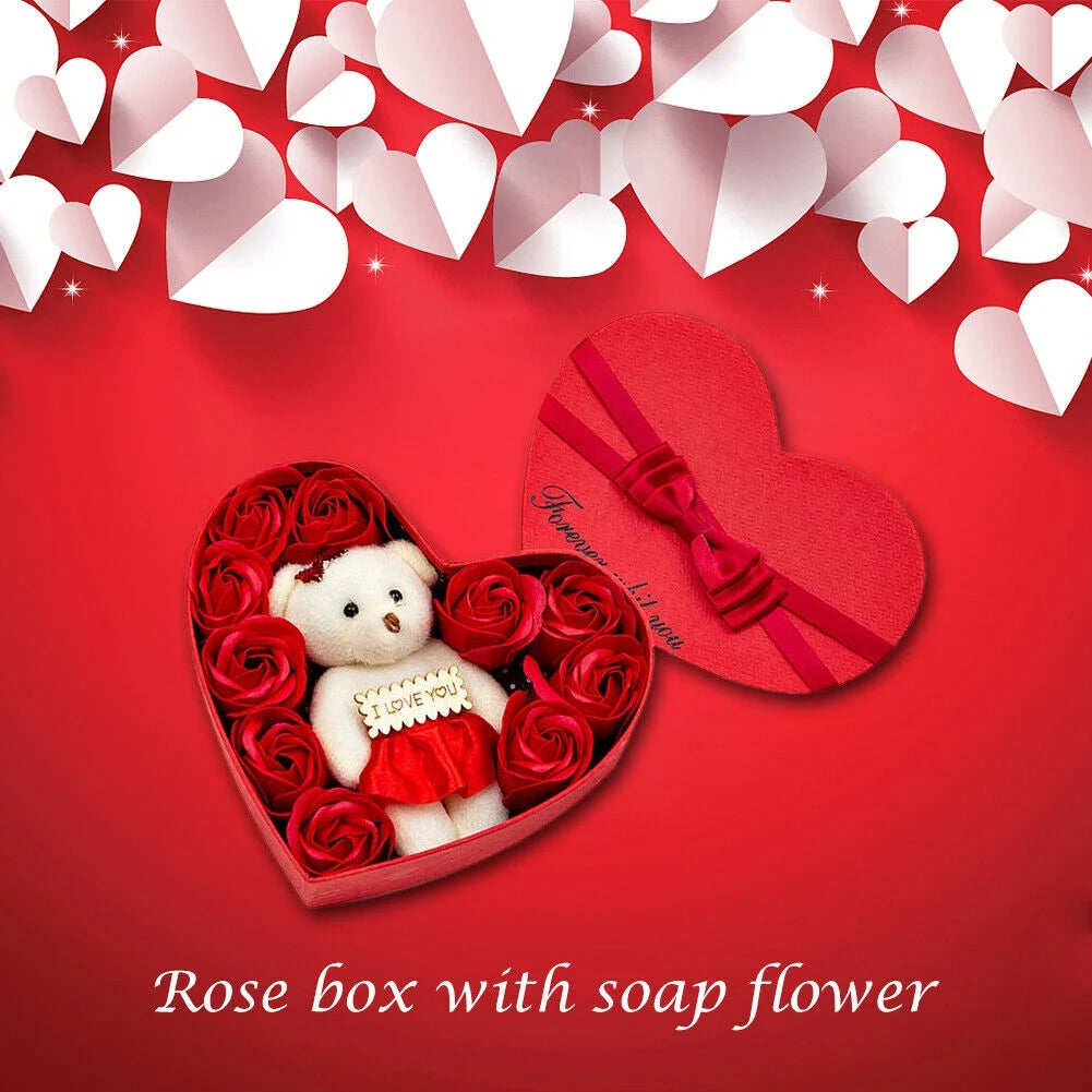 Valentine'S Day Hearted Shape Bear with Red Rose Gift Set - Love Bear, Artificial Red Roses & Silk Petals in Gift Box - Perfect for Engagement, Mother'S Day & Holiday Christmas