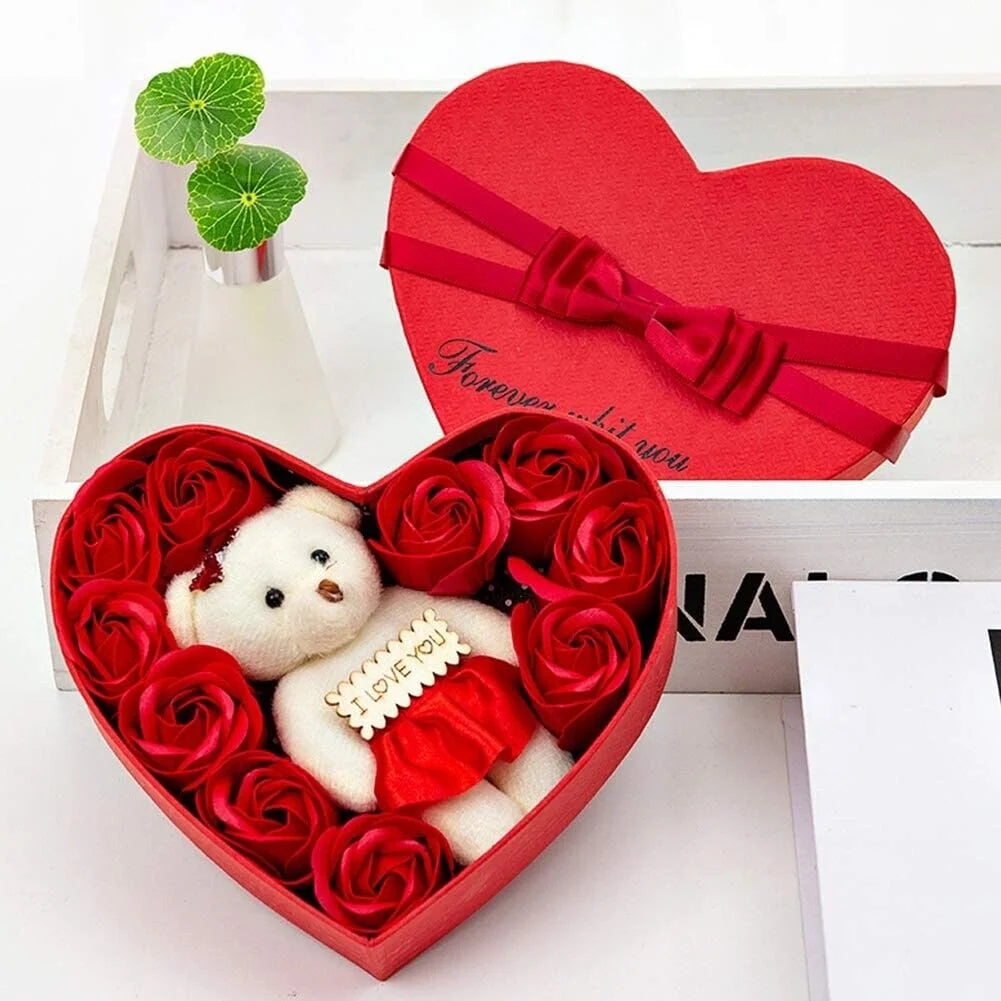 Valentine'S Day Hearted Shape Bear with Red Rose Gift Set - Love Bear, Artificial Red Roses & Silk Petals in Gift Box - Perfect for Engagement, Mother'S Day & Holiday Christmas