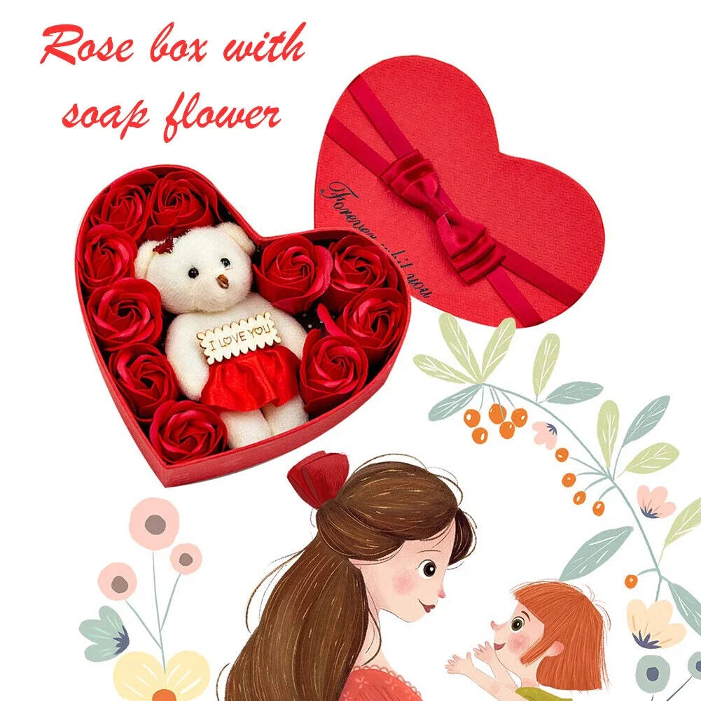 Valentine'S Day Hearted Shape Bear with Red Rose Gift Set - Love Bear, Artificial Red Roses & Silk Petals in Gift Box - Perfect for Engagement, Mother'S Day & Holiday Christmas